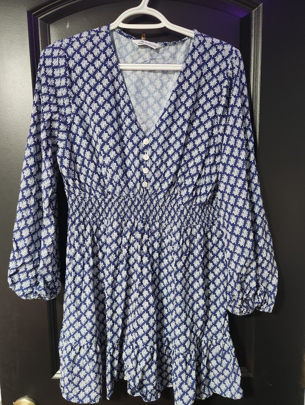 Blue Floral V-Neck Smocked Waist Women's Dress